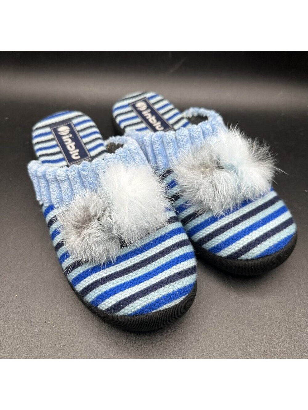 Inblu Womens Blue Striped Knit Slippers EU 37 Faux Fur Pom Pom Slip On